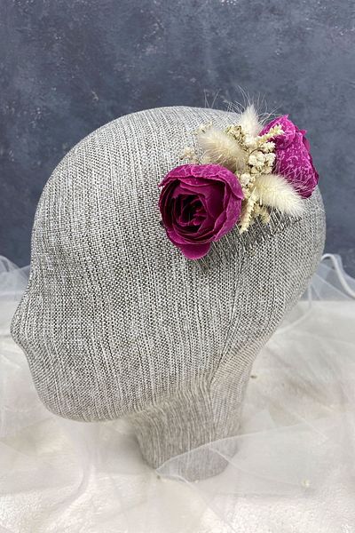 Hobigram Dark Fuchsia Cotton Grass - Cipso and Artificial Flower Scalloped Bridal Hair Clip Accessory