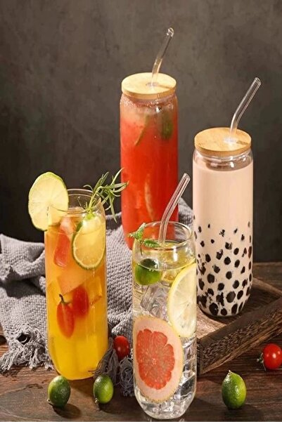 Rosemor 12'li Bambu Kapaklı Pipetli Cam Bardak Isıya Dayanıklı Borosilikat Kola Şekilli Kahve Sunum Bardağı