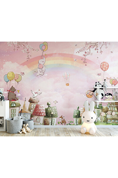 Tasarım Sevimli Hayvanlar Bahar Dalları Pembe Bulutlar ve Gökkuşağı Çocuk Odası Duvar Kağıdı