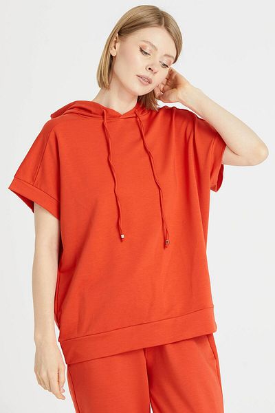 Two Mail Pomegranate Flower Patterned Hooded Sweat Blouse
