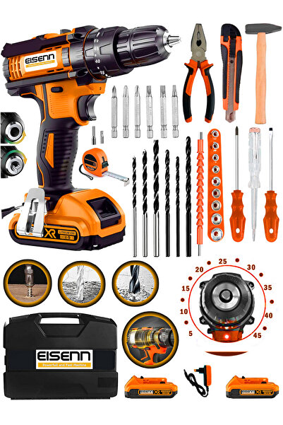 Eisenn Vidalama Matkap E-14393 Yeni Nesil Motor 45 Torq Kademeli Çift Akülü 3...