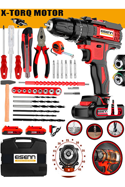 Eisenn Strax E-14394 Metal Şanzıman 2 Akülü 37 Pcs Set Hediyeli Akülü Vidalama Matkap 45 Torq Kademeli