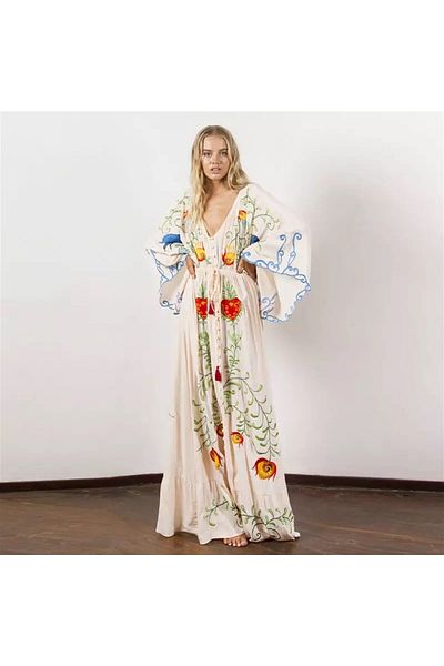 nish for you Ecru Bohemian Maxi Designer Dress