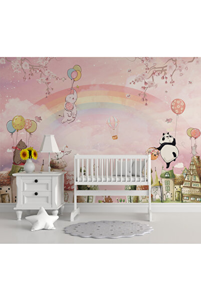 Tasarım Sevimli Hayvanlar Bahar Dalları Pembe Bulutlar ve Gökkuşağı Çocuk Odası Duvar Kağıdı