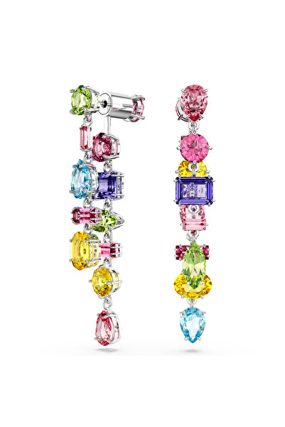 Swarovski Gema damla küpeler, Asimetrik tasarım, Karışık kesimler, Uzun, Çok renkli, Rodyum kaplama