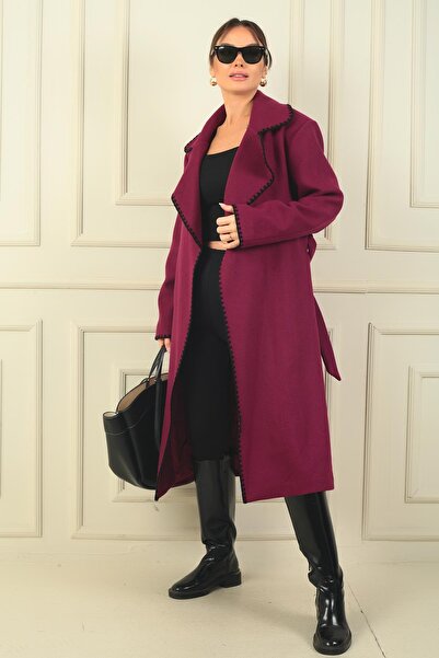 By Saygı Γυναικείο παλτό με ραφές Shepherd με τσέπες με ζώνη μέσης με επένδυση από κασμίρ