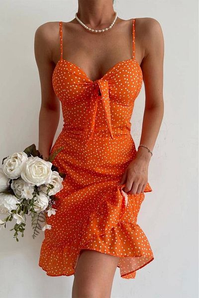 Bak Moda Rochie portocalie cu bretele cu fermoar cu panglică cu buline albe