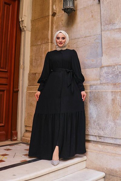 Berel Moda Fusta cu mâneci cu balanță cu volan detaliată Crepe Sena Ferace Negru
