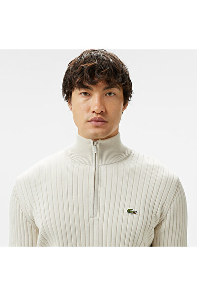 Lacoste Erkek Relaxed Fit Yarım Fermuarlı Çizgili Krem Triko