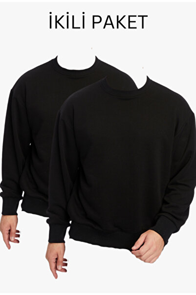 Genel Markalar İkili Paket Basic Düz Uzun Kollu Oversize Kışlık Sweatshirt 3 İplik 2'li Paket