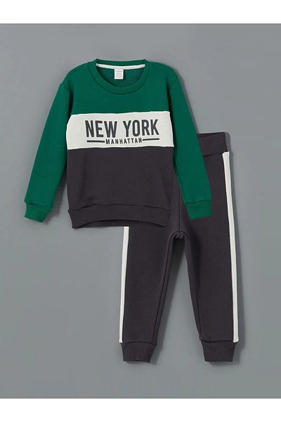 LC Waikiki Lcw Baby Anthracite Crew Neck Printed Baby Boy 2-Piece Set