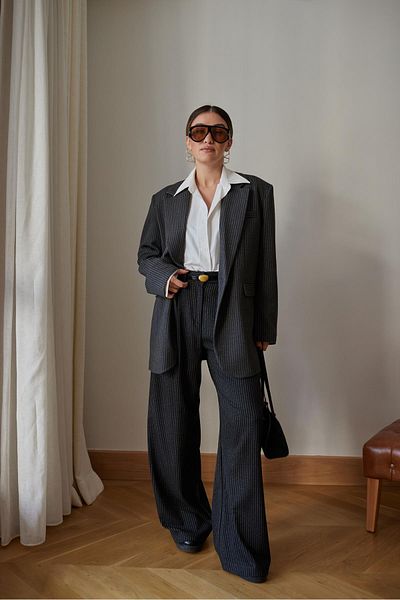 Askı Nişantaşı Anthracite Front Clamp Detailed Striped Palazzo Trousers