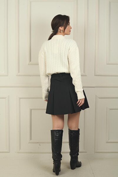 By Saygı Women's Waist Belted Pleated Short Skirt