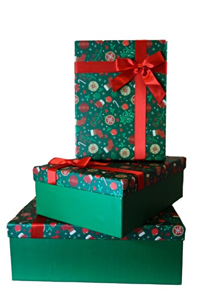 KOLİX Kolix 3'lü Yılbaşı Temalı Dekoratif Fiyonklu Hediye Kutusu Yeşil 35x25x...