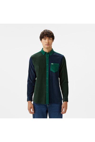 Lacoste Erkek Regular Fit Düğmeli Yaka Renk Bloklu Koyu Yeşil Gömlek