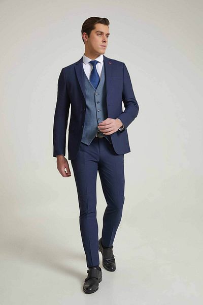 Twn Navy BlueSlimFit ViscoseMonoCollar Suit - Dobby Combination