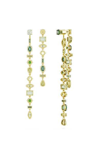Swarovski Gema damla küpeler, Asimetrik tasarım, Karışık kesimler, Ekstra uzun, Yeşil, Altın rengi kaplama