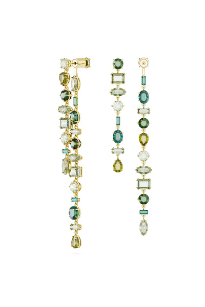 Swarovski Gema damla küpeler, Asimetrik tasarım, Karışık kesimler, Ekstra uzun, Yeşil, Altın rengi kaplama