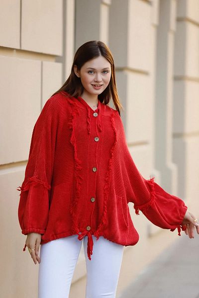 Sosyete Kaplumbağa Authentic Knitwear 100% Cotton Double Pocket Wide Sleeve Cardigan with Hood and Buttons