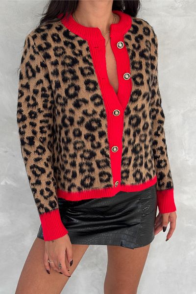 FEMELLE Cardigan din tricot cu nasturi cu dungi roșii cu imprimeu leopard de mărime standard pentru femei