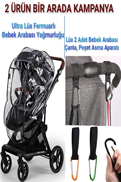 MorPort Lüx Fermuarlı Bebek Arabası Yağmurluğu ve 2 Adet Bebek Arabası Kanca ...