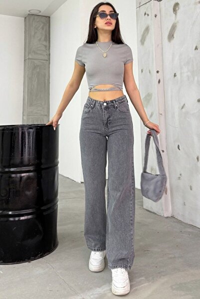mooishan بنطال جينز Palazzo Denim بأرجل واسعة وجيب عالي الخصر قابل للغسل من ا...