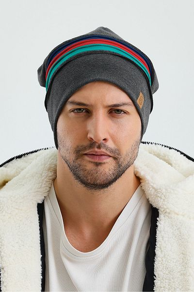 Butikgiz Men's Smoked Thermal Color Stripe 100% Cotton Soft Beret Special One Series (Color of Azerbeycan Flag)
