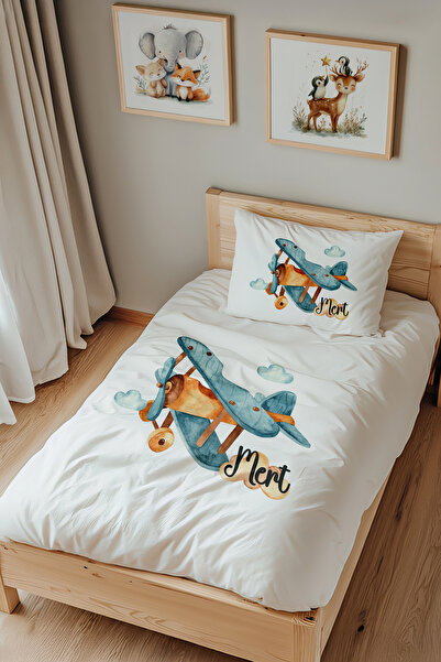 Lilabio İsme Özel Tek Kişilik %100 Pamuk Nevresim Takımı (160X220 CM) Uçak