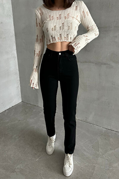 kleshus Ganikus Women's Jeansvibe Mom Fit High Waist Slim Fit Black Denim Pants