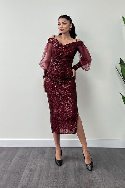 giyimmasalı Sequin Sequin Fabric Boat Neck Pencil Dress - Bordo