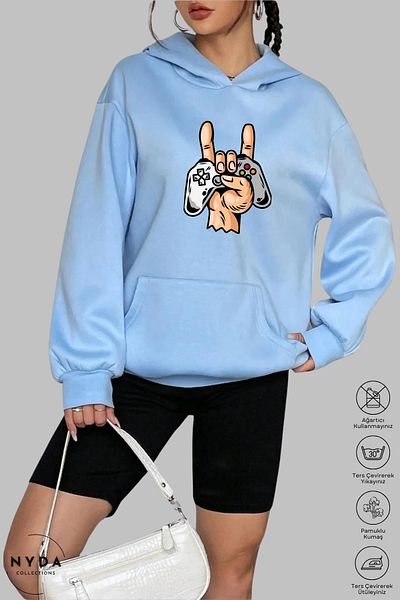 Nyda Collections Hanorac supradimensionat unisex cu glugă - mânecă lungă, imprimat pentru consolă de jocuri, bumbac