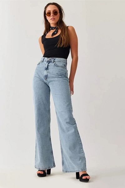 WODDİ Duryn Pamela Blue Snow Wash 90's High Waist Wide Leg Lycra Loose Loose Wide Leg Denim Pants Jeans