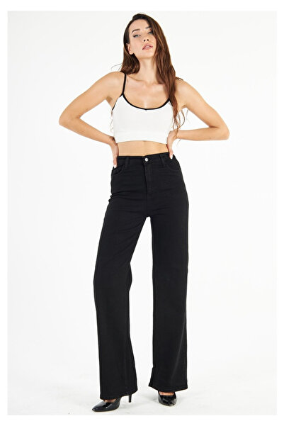 mooishan جينز بالازو أسود من الليكرا عالي الخصر - مريح فضفاض، بنطال واسع الساق