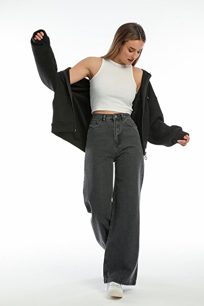 WODDİ بنطال جينز بالازو بسحاب عالي الخصر من الليكرا المدخن