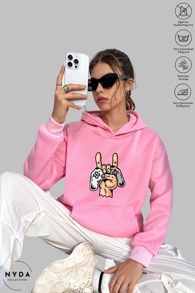 Nyda Collections Φούτερ Unisex Oversize με κουκούλα - Μακρυμάνικο, Εκτύπωση Κονσόλας Παιχνιδιού, Βαμβακερό