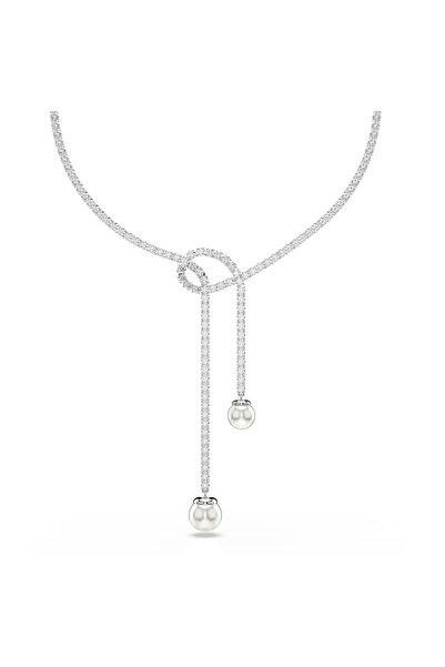 Swarovski Matrix Y-Kolye, Kristal inci, Yuvarlak kesim, Beyaz, Rodyum kaplama