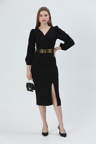 Secret Passion Lingerie Black Crepe Fabric Double Breasted Neckline Slit Design Midi Evening Dress with Belt 074
