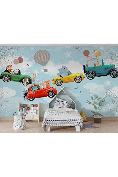 Tasarım Uçan Arabalar ve Sevimli Hayvanlar Mavi Gökyüzü Bulutlar Çocuk Odası Duvar Kağıdı