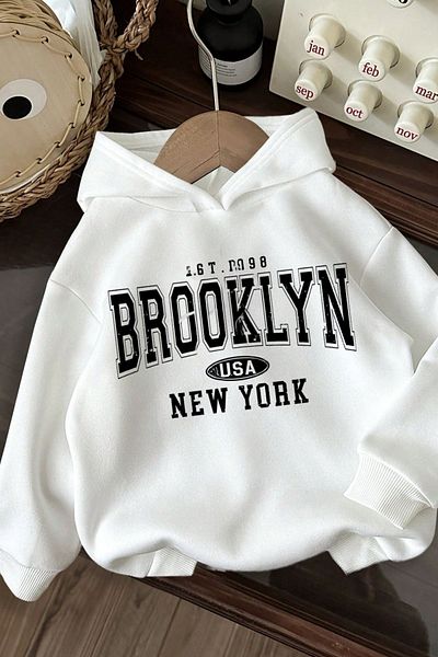 Know Bílá oversize unisex mikina – 3 vlákna, potisk Brooklyn Usa New York, mikina s kapucí