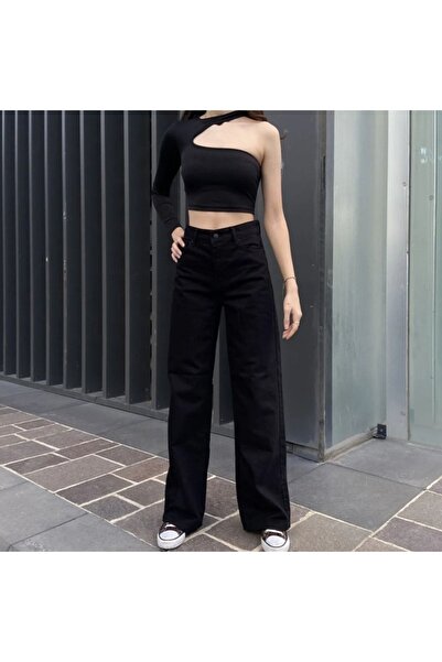 WODDİ بنطال جينز نسائي من Duryn باللون الأسود غير الباهت بخصر عالٍ ومريح من ا...