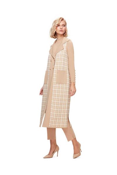 MISS DALIDA Beige Houndstooth Print Long Knitwear Vest T25K-1003