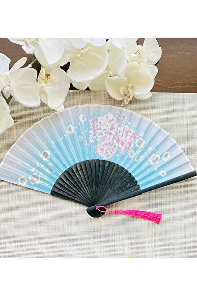 BERG Yelpaze Mavi Pembe Sakura Çiçekli Bambu Kumaş