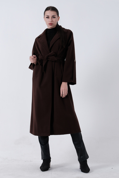 Feminist Önden Düğmeli Oversize Örme Kaşe Kaban Kahve 0108081