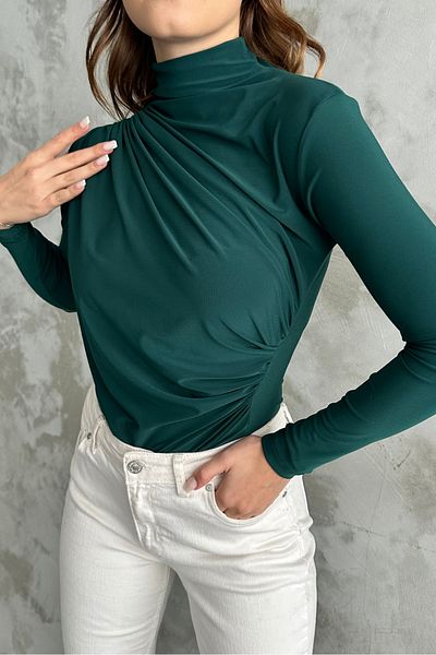 macharel jeans Дамска зелена пясъчна блуза с набрана детайлна стояща яка
