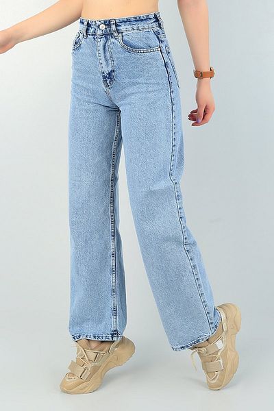 WODDİ Duryn Women's High Waist Blue Snow Wash Wide Leg Lycra Palazzo Jeans Pants