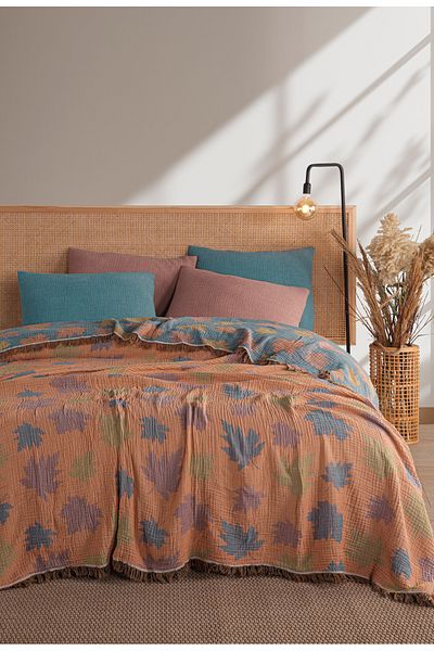 MYLASA HOME 4 Layer Muslin Plane Leaf Patterned Bedspread 240 X 260