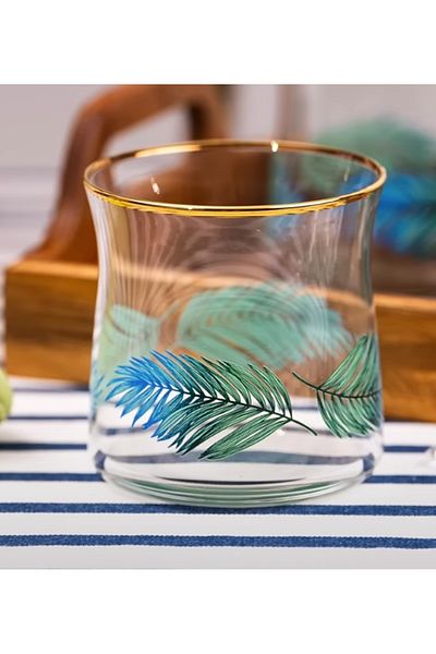 LAV Vera Gold Trim Leaf Patterned 3-Piece Water Cup 360 Cc