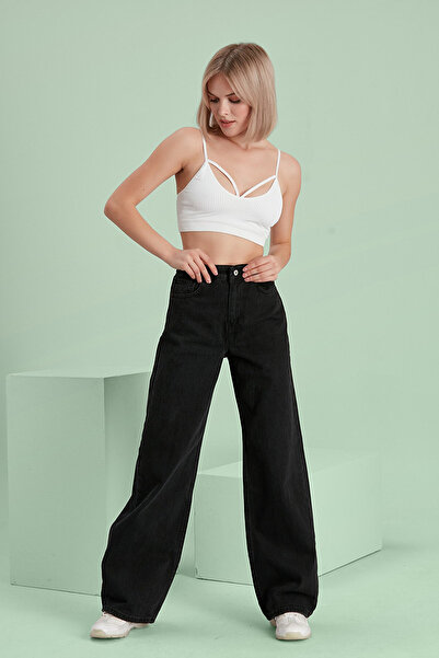 mooishan Women's Jeans Black Loose Wide Leg High Waist Lycra Palazzo Jeans