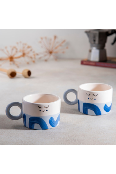 Ayda Seramik El Yapımı Seramik 2'li Mavi Lady Kahve Kupası - Fincanı