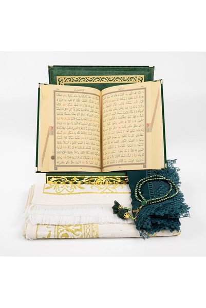 Hayrat Neşriyat Shawl + Prayer Rug + Rosary + Quran Gift Set (Medium B. Shams Lafzatullah Gold Plexi Raschel Box, Green)